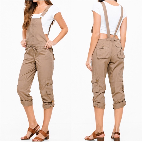 Khaki Cargo Slouch Drawstring Overalls Jumpsuit - Picture 2 of 7